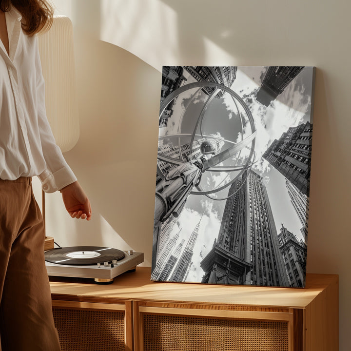 Black-and-White Urban Grandeur Canvas – Atlas Statue & Modern Cityscape - Gifitto