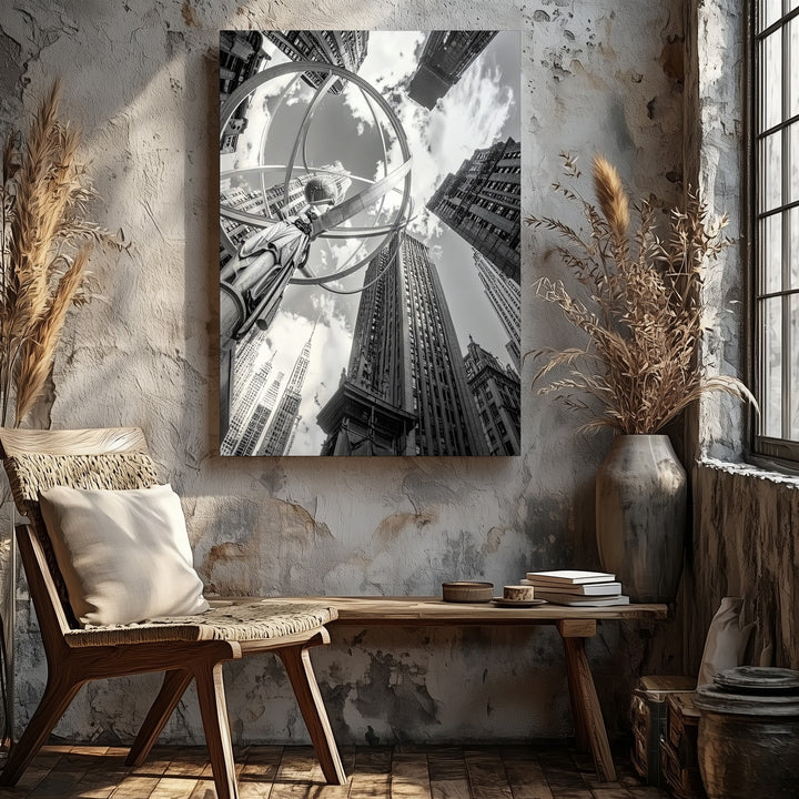 Black-and-White Urban Grandeur Canvas – Atlas Statue & Modern Cityscape - Gifitto