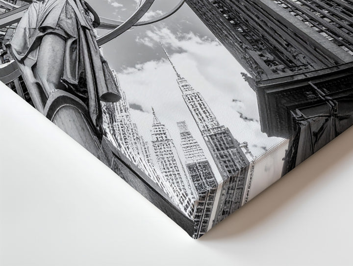 Black-and-White Urban Grandeur Canvas – Atlas Statue & Modern Cityscape - Gifitto