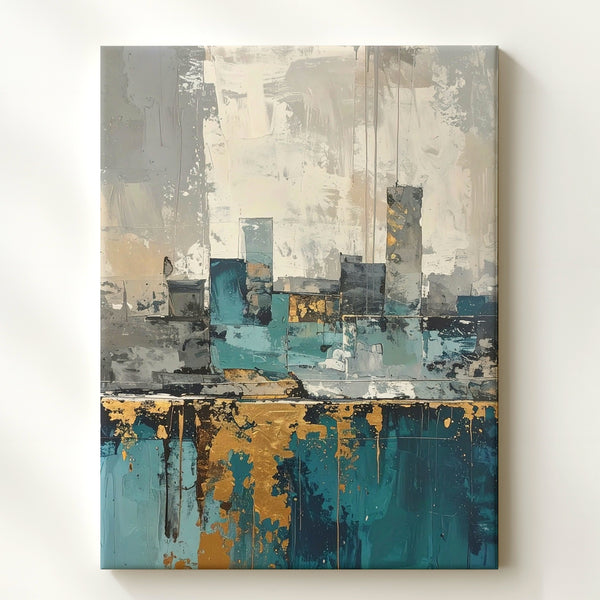 Abstract Cityscape Canvas – Textured Drip Effect with Ghost-like Urban Skyline - Gifitto