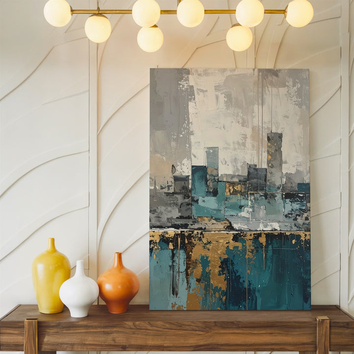 Abstract Cityscape Canvas – Textured Drip Effect with Ghost-like Urban Skyline - Gifitto
