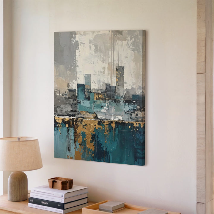 Abstract Cityscape Canvas – Textured Drip Effect with Ghost-like Urban Skyline - Gifitto