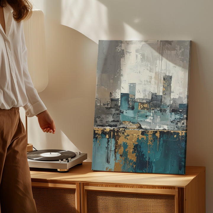 Abstract Cityscape Canvas – Textured Drip Effect with Ghost-like Urban Skyline - Gifitto