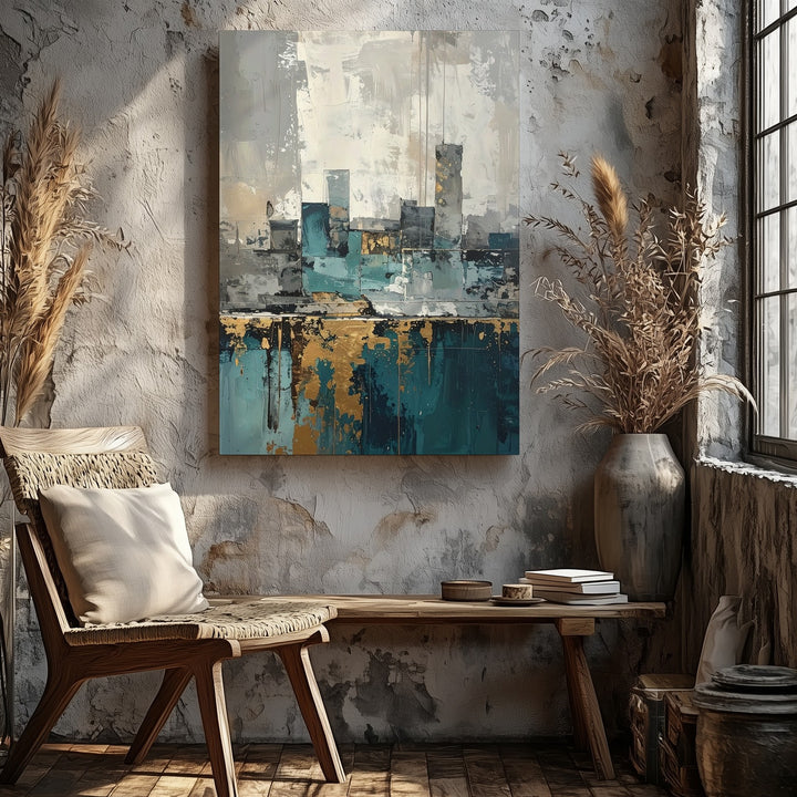 Abstract Cityscape Canvas – Textured Drip Effect with Ghost-like Urban Skyline - Gifitto