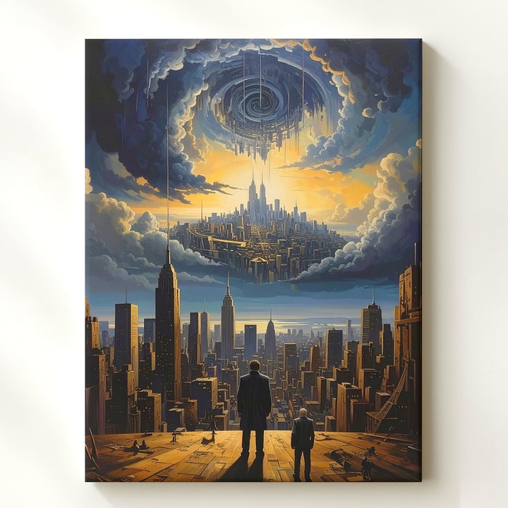 Surreal Dystopian Cityscape Canvas – Man, Mirror City, and Spiral Bridge - Gifitto