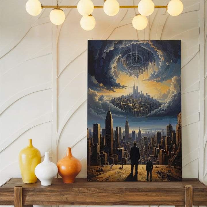 Surreal Dystopian Cityscape Canvas – Man, Mirror City, and Spiral Bridge - Gifitto