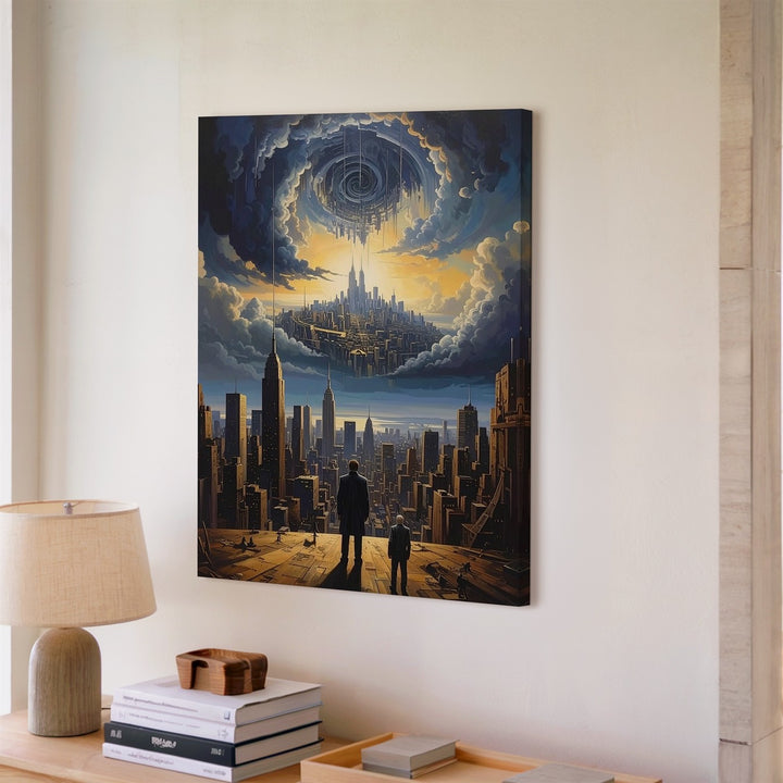 Surreal Dystopian Cityscape Canvas – Man, Mirror City, and Spiral Bridge - Gifitto