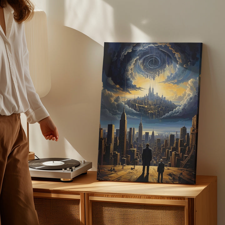 Surreal Dystopian Cityscape Canvas – Man, Mirror City, and Spiral Bridge - Gifitto