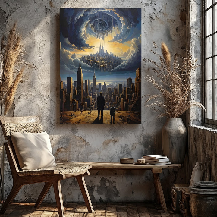 Surreal Dystopian Cityscape Canvas – Man, Mirror City, and Spiral Bridge - Gifitto