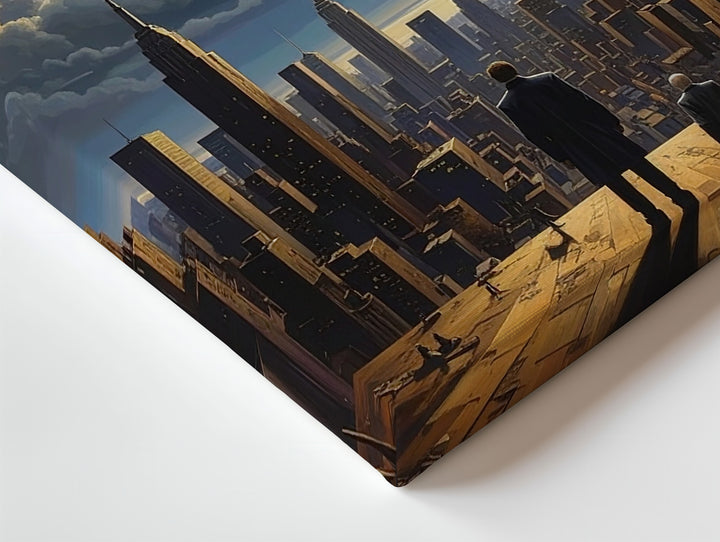 Surreal Dystopian Cityscape Canvas – Man, Mirror City, and Spiral Bridge - Gifitto