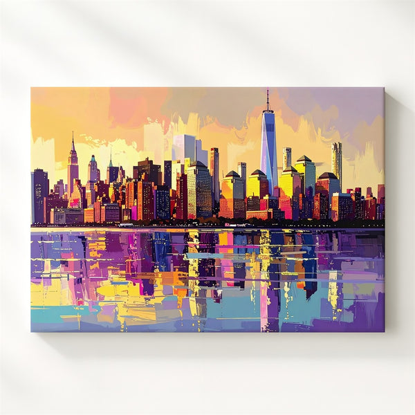 Neon Skyline Sunset Canvas – Dreamlike Cityscape Reflected on Water - Gifitto