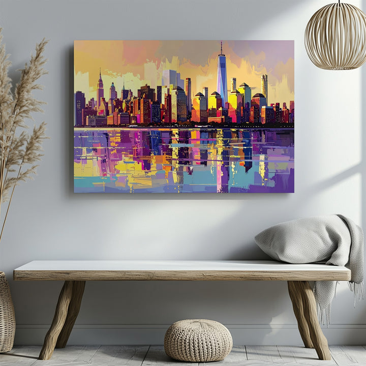 Neon Skyline Sunset Canvas – Dreamlike Cityscape Reflected on Water - Gifitto