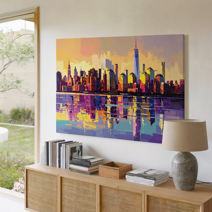 Neon Skyline Sunset Canvas – Dreamlike Cityscape Reflected on Water - Gifitto