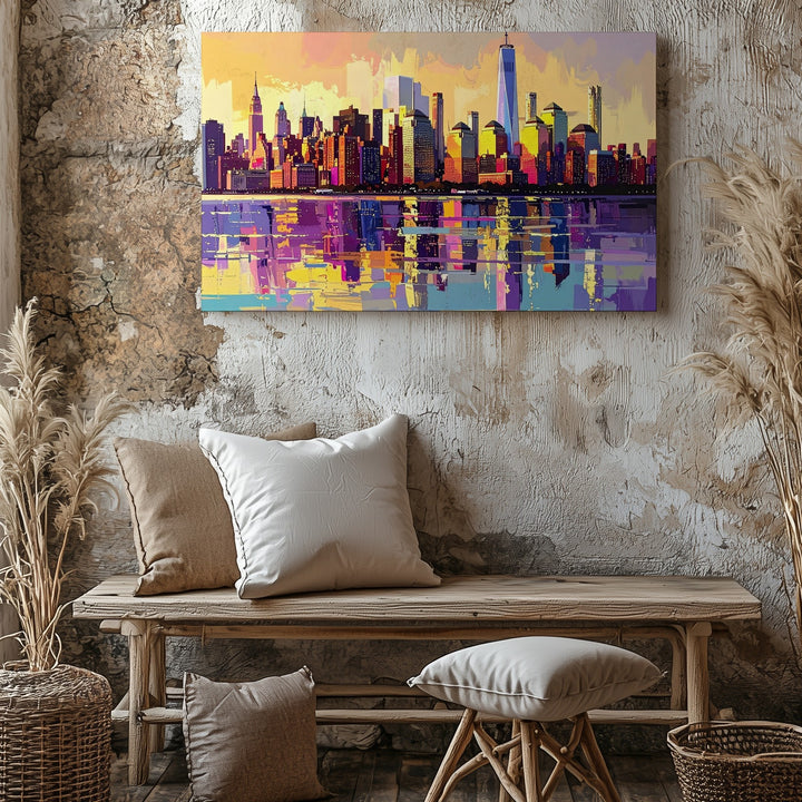 Neon Skyline Sunset Canvas – Dreamlike Cityscape Reflected on Water - Gifitto