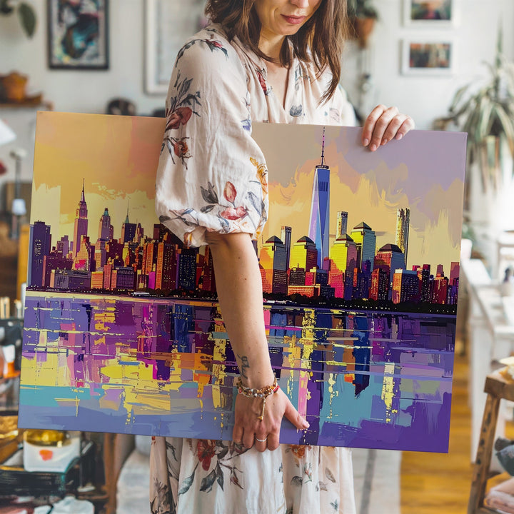 Neon Skyline Sunset Canvas – Dreamlike Cityscape Reflected on Water - Gifitto