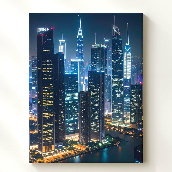 Futuristic Cityscape Canvas – Illuminated Skyscrapers at Night - Gifitto