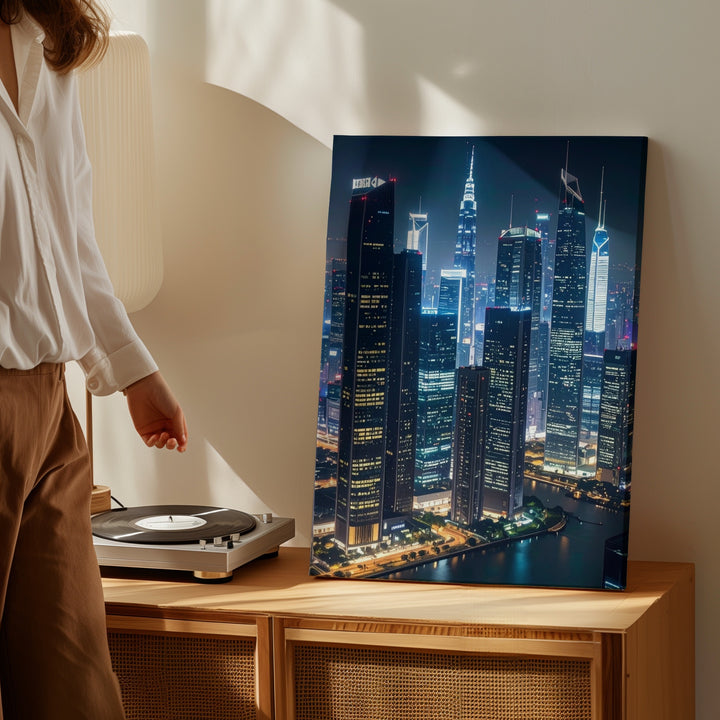 Futuristic Cityscape Canvas – Illuminated Skyscrapers at Night - Gifitto