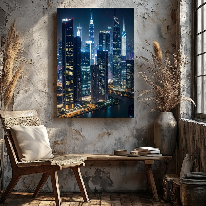 Futuristic Cityscape Canvas – Illuminated Skyscrapers at Night - Gifitto