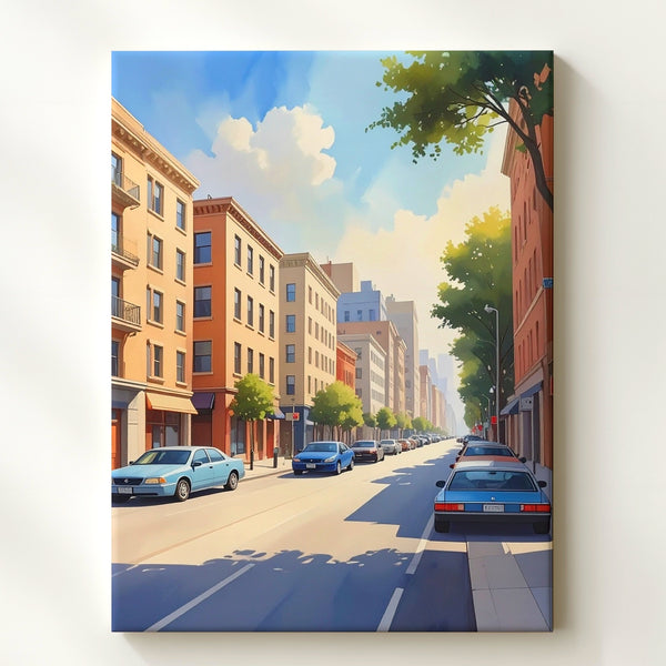 Stylized City Street Canvas – Peaceful Boulevard with Blue Car and Warm Lighting - Gifitto