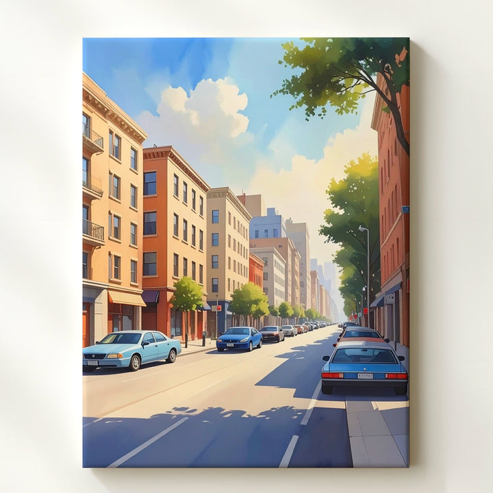 Stylized City Street Canvas – Peaceful Boulevard with Blue Car and Warm Lighting - Gifitto