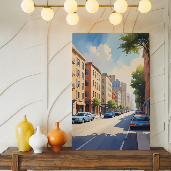 Stylized City Street Canvas – Peaceful Boulevard with Blue Car and Warm Lighting - Gifitto