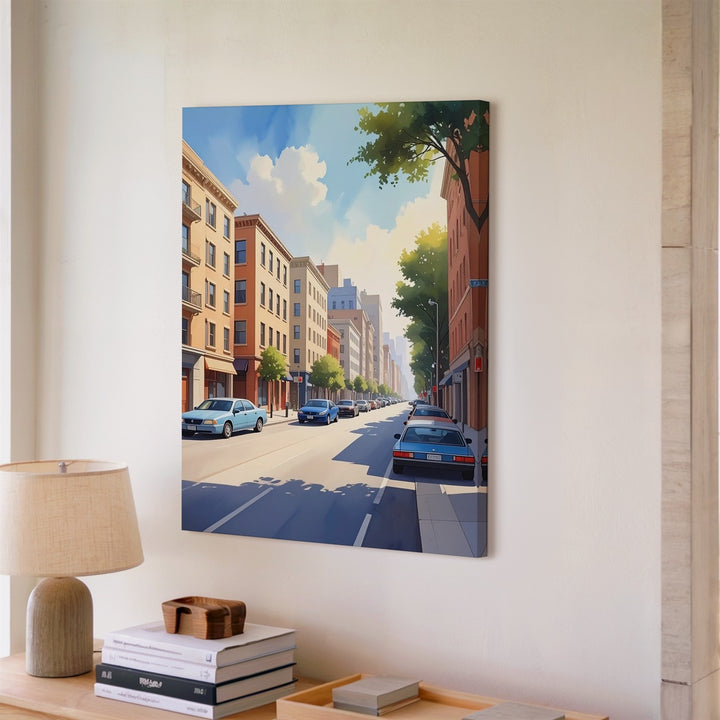Stylized City Street Canvas – Peaceful Boulevard with Blue Car and Warm Lighting - Gifitto
