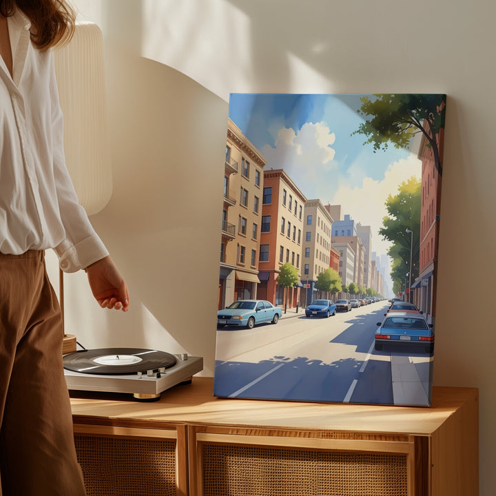 Stylized City Street Canvas – Peaceful Boulevard with Blue Car and Warm Lighting - Gifitto