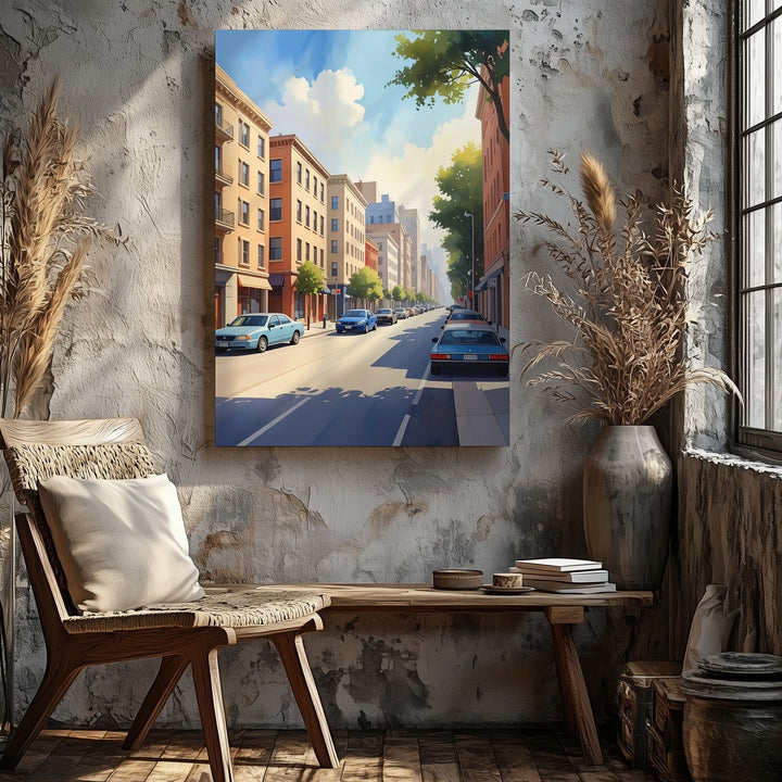 Stylized City Street Canvas – Peaceful Boulevard with Blue Car and Warm Lighting - Gifitto