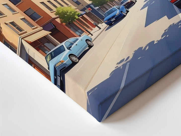 Stylized City Street Canvas – Peaceful Boulevard with Blue Car and Warm Lighting - Gifitto