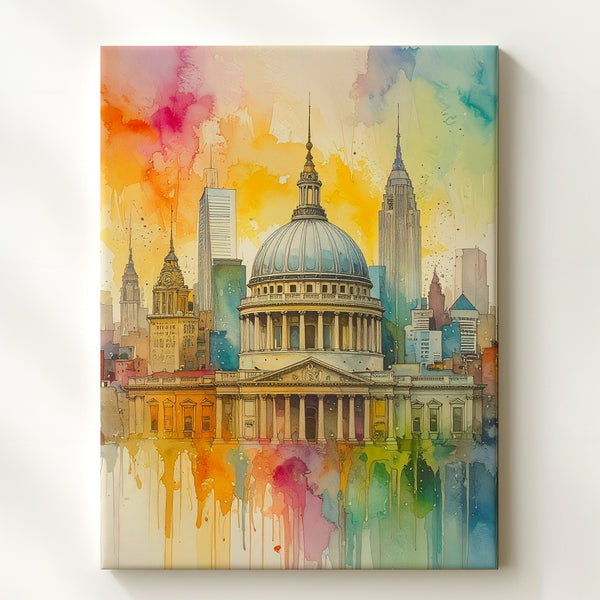 Watercolor Cityscape Canvas – Classical Dome & Modern Skyscrapers in Luminous Splash - Gifitto