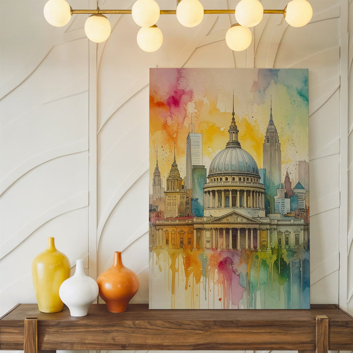 Watercolor Cityscape Canvas – Classical Dome & Modern Skyscrapers in Luminous Splash - Gifitto