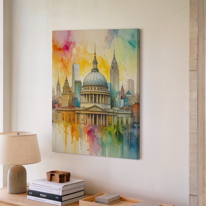 Watercolor Cityscape Canvas – Classical Dome & Modern Skyscrapers in Luminous Splash - Gifitto