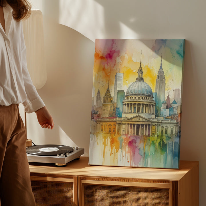 Watercolor Cityscape Canvas – Classical Dome & Modern Skyscrapers in Luminous Splash - Gifitto