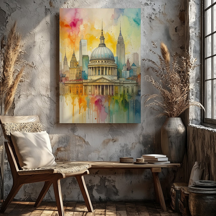 Watercolor Cityscape Canvas – Classical Dome & Modern Skyscrapers in Luminous Splash - Gifitto