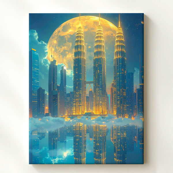 Futuristic Cityscape Canvas – Petronas Towers Under Golden Moonlight - Gifitto