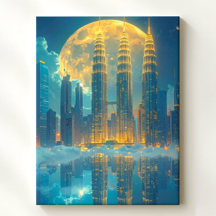 Futuristic Cityscape Canvas – Petronas Towers Under Golden Moonlight - Gifitto