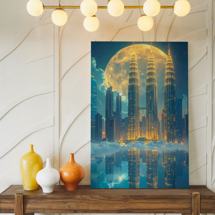 Futuristic Cityscape Canvas – Petronas Towers Under Golden Moonlight - Gifitto