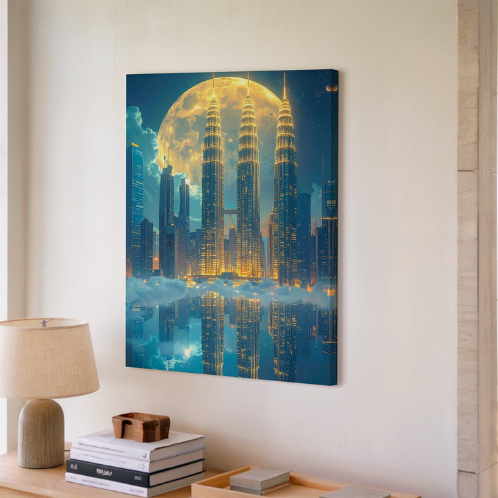 Futuristic Cityscape Canvas – Petronas Towers Under Golden Moonlight - Gifitto
