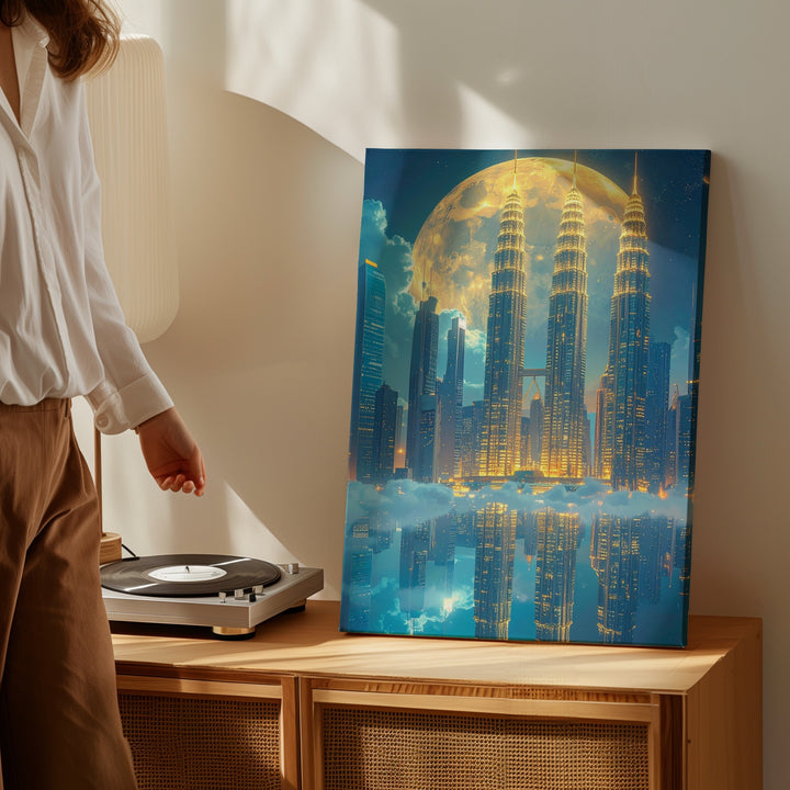 Futuristic Cityscape Canvas – Petronas Towers Under Golden Moonlight - Gifitto