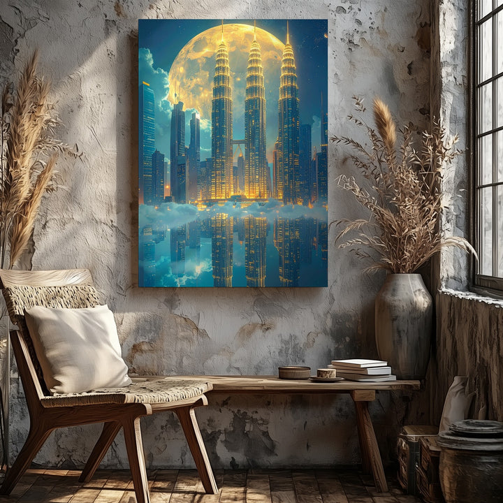Futuristic Cityscape Canvas – Petronas Towers Under Golden Moonlight - Gifitto