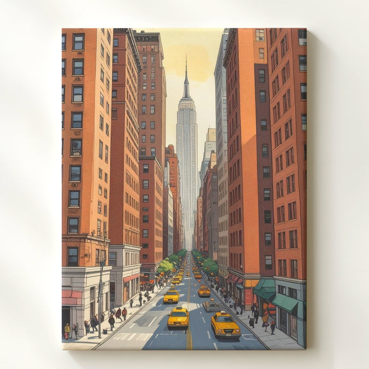 Vintage Comic Book Cityscape Canvas – Urban Street with Brownstones & Yellow Taxis - Gifitto