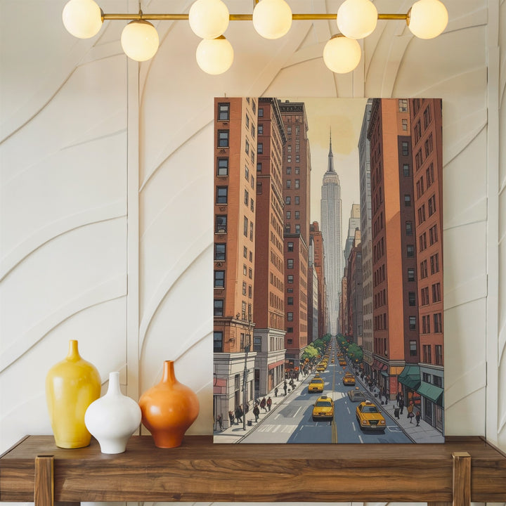 Vintage Comic Book Cityscape Canvas – Urban Street with Brownstones & Yellow Taxis - Gifitto