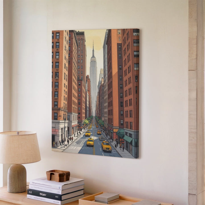 Vintage Comic Book Cityscape Canvas – Urban Street with Brownstones & Yellow Taxis - Gifitto