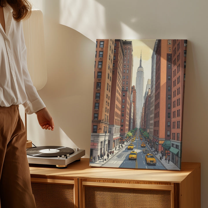 Vintage Comic Book Cityscape Canvas – Urban Street with Brownstones & Yellow Taxis - Gifitto