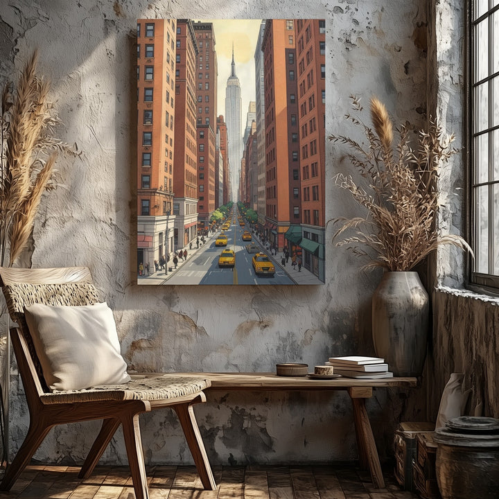 Vintage Comic Book Cityscape Canvas – Urban Street with Brownstones & Yellow Taxis - Gifitto