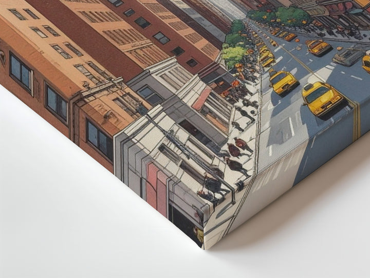 Vintage Comic Book Cityscape Canvas – Urban Street with Brownstones & Yellow Taxis - Gifitto