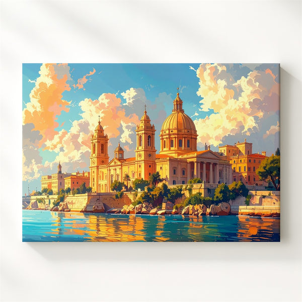 Golden Light Cityscape Canvas – Classical Waterfront with Domes & Towers - Gifitto