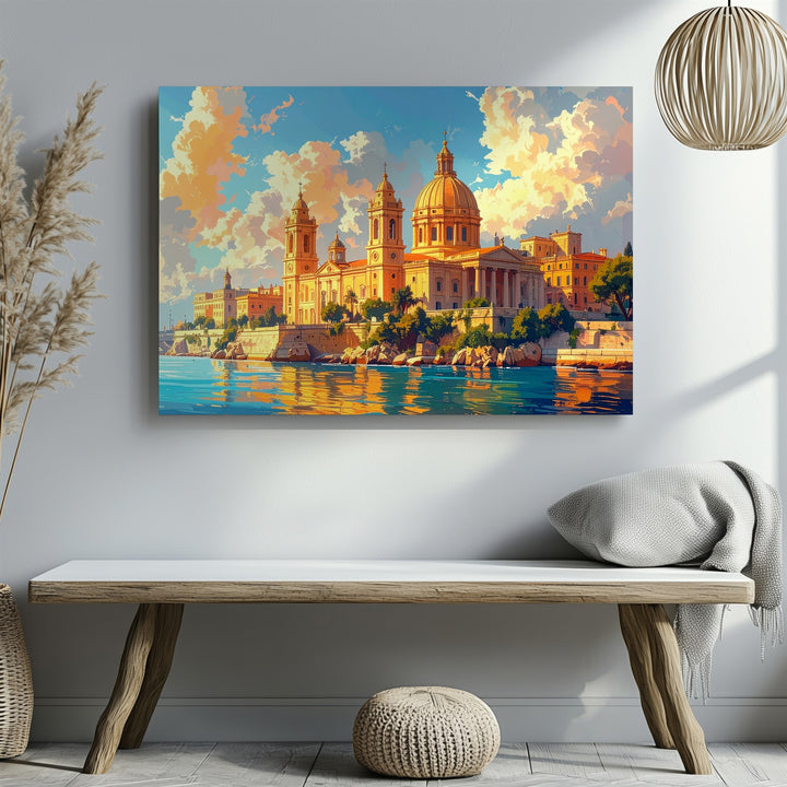 Golden Light Cityscape Canvas – Classical Waterfront with Domes & Towers - Gifitto