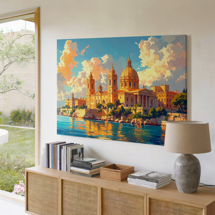 Golden Light Cityscape Canvas – Classical Waterfront with Domes & Towers - Gifitto
