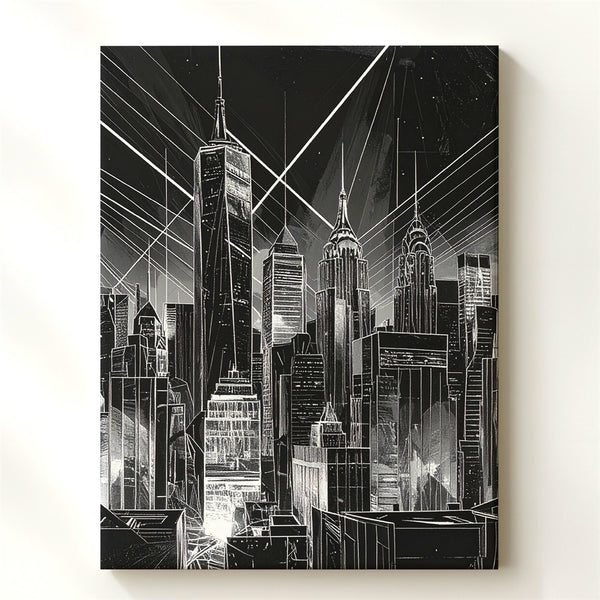 Futuristic City Skyline Canvas – Black-and-White Sci-Fi Architecture with Empire State Building - Gifitto